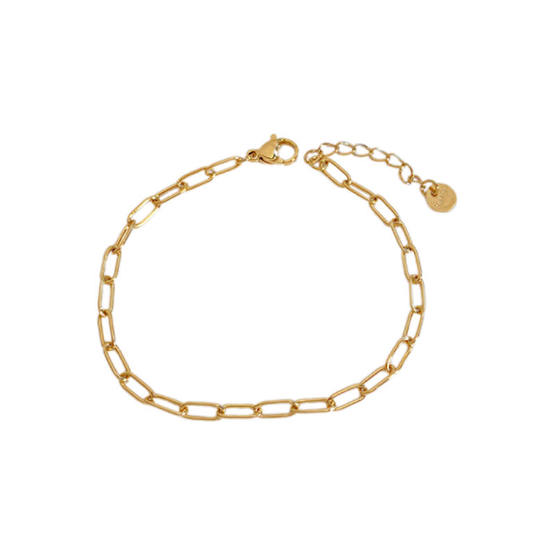 Gold plated paperclip bracelet on a white background from Aurie Jewelry