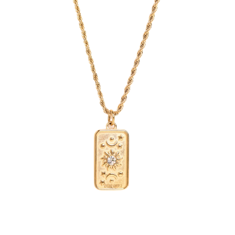 Gold necklace with a rectangular pendant on a white background - from Aurie Jewelry bestie collection 