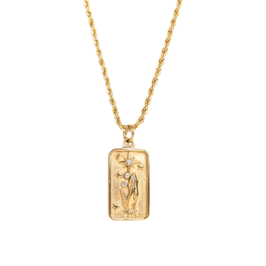 Gold necklace with a rectangular pendant on a white background - from Aurie Jewelry bestie collection 